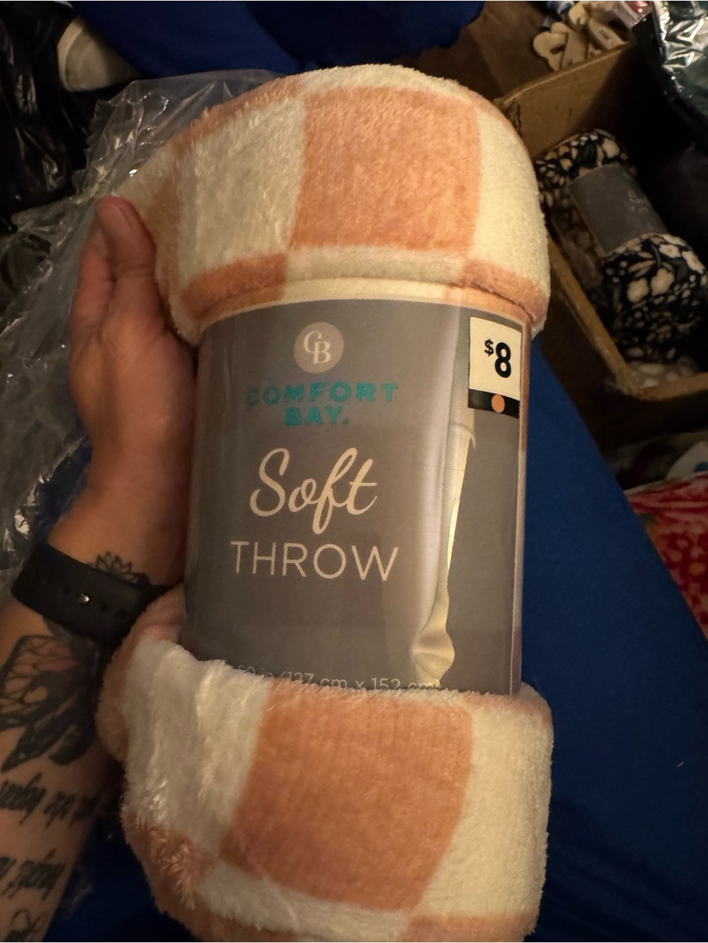 Comfort Bay Peach & Cream Check Plush Accent Pillow